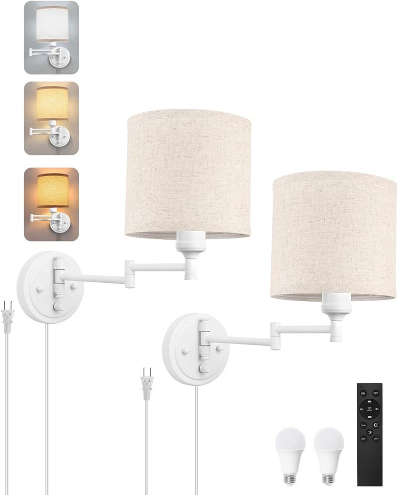 GOODATE Plug in Wall Sconces with Remote Control, Dimming, Adjustable Colors 2700K-6500K, Hardwire or Plug-in, Swing Arm Wall Lamp with Linen Fabric Shade, Wall Sconces Set of Two, White Finish - Image 1